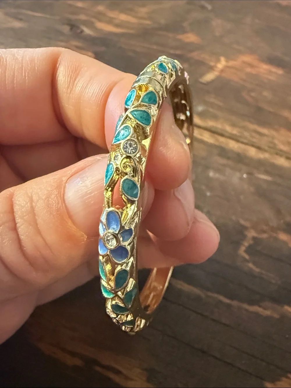 Gold Plated Blue Floral Enamel Bangle Bracelet Rhinestones